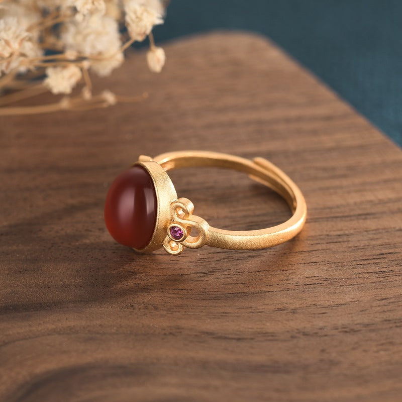 Vintage Gold-Encrusted Red Agate Statement Ring