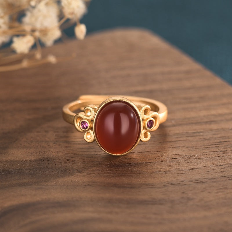Vintage Gold-Encrusted Red Agate Statement Ring