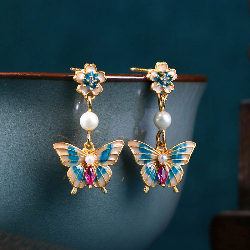 Vintage Enamel Gradient Butterfly Pearl Earrings