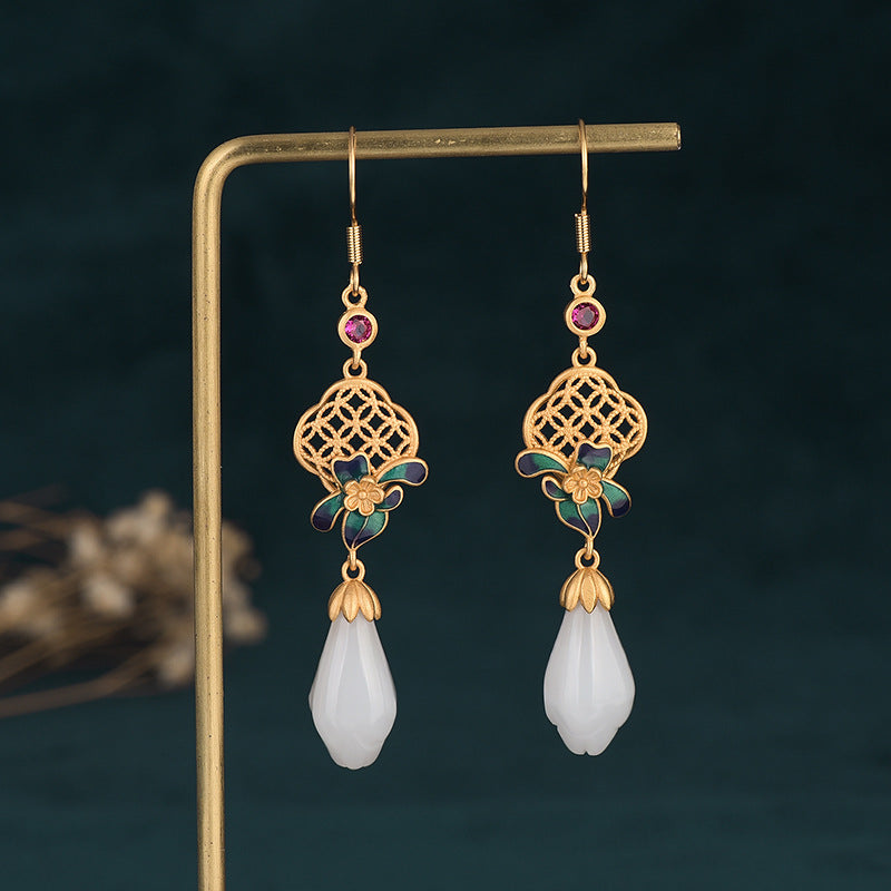 Vintage Inspired Hetian Jade Lotus Flower Earrings