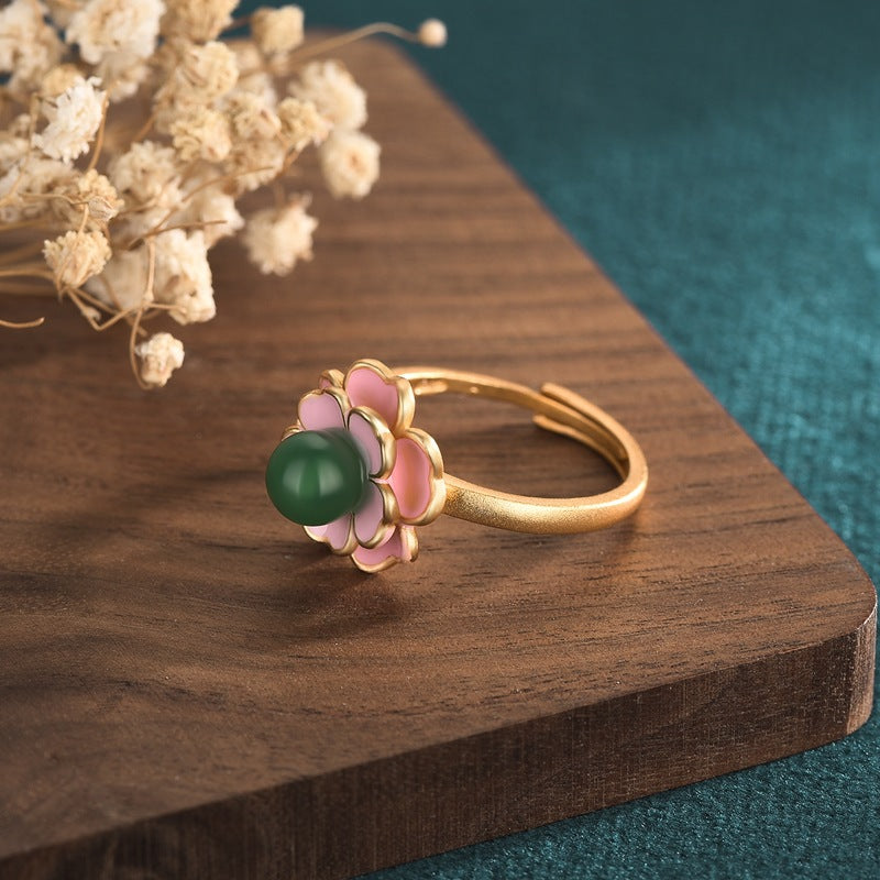 Palatial Elegance - Gilded Camellia Agate and Jade Ring