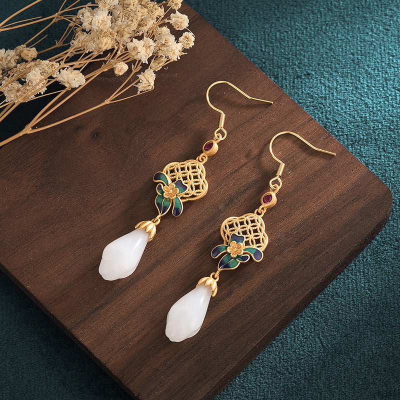 Vintage Inspired Hetian Jade Lotus Flower Earrings