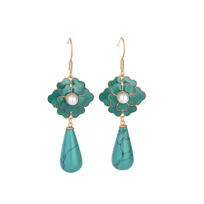 Vintage Charm -  Enamel Mountain Camellia-Inspired Turquoise Earrings